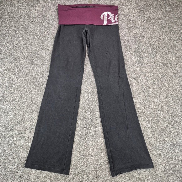 PINK Victoria's Secret Pants - Victoria's Secret PINK Yoga Pants Womens Medium Black Foldover Rhinestone Flare